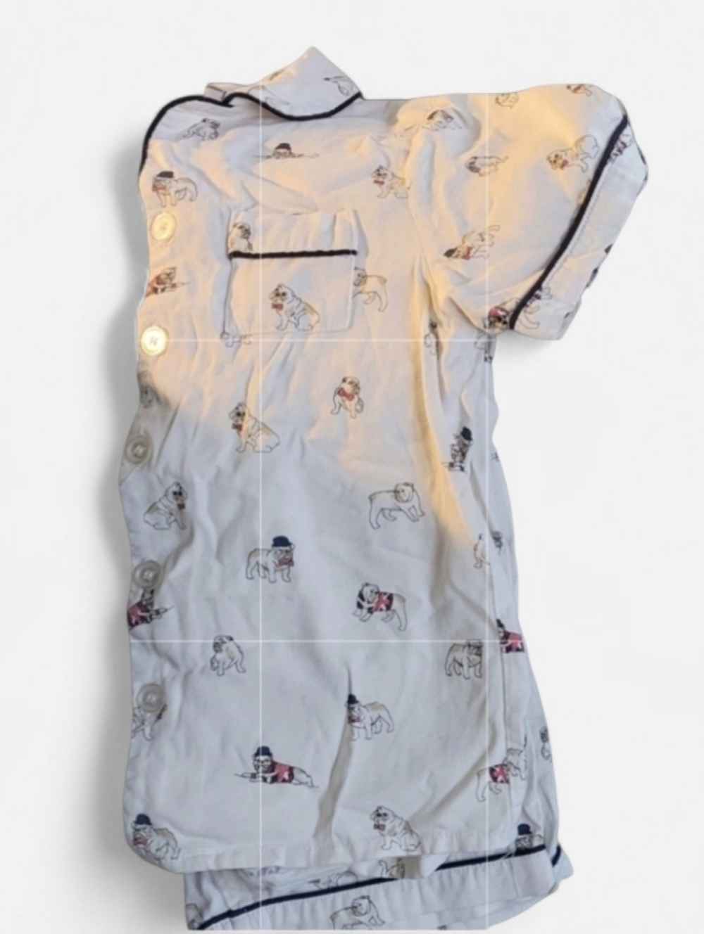 Petite Plume British Bulldog White Print Pajama Top with Navy Piping